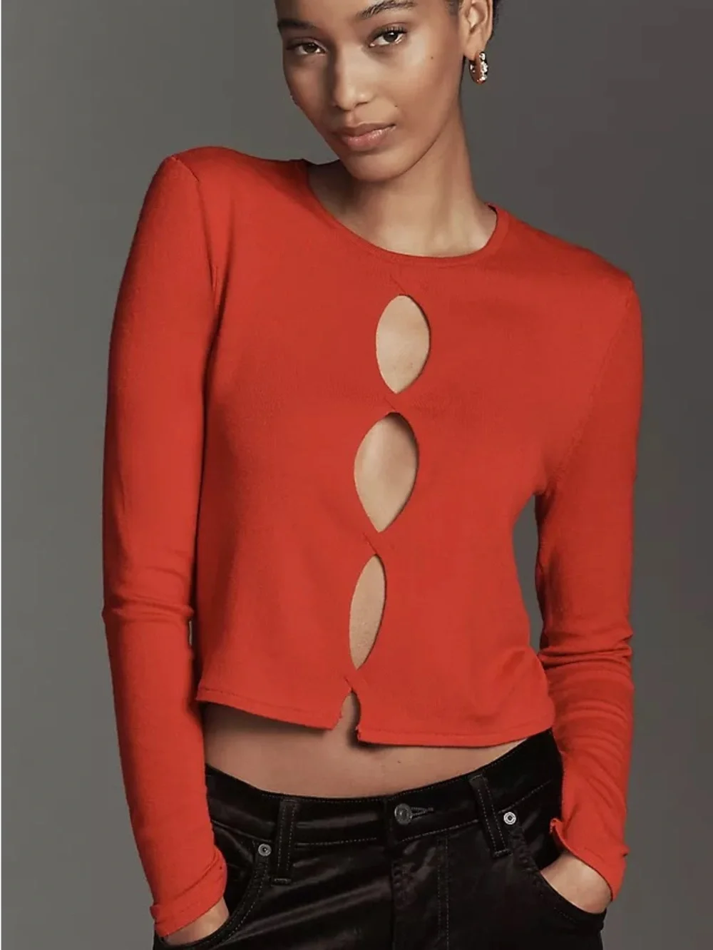 Anthropologie Twisted Cut-Out Sweater Red Knit Viscose Keyhole Long Sleeve Top